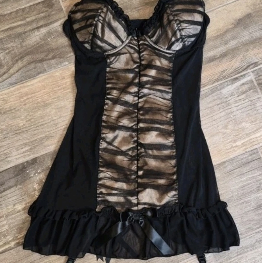 XS/S Vtg Frederick's of Hollywood Black & Gold Mesh Chemise Nightie Dress